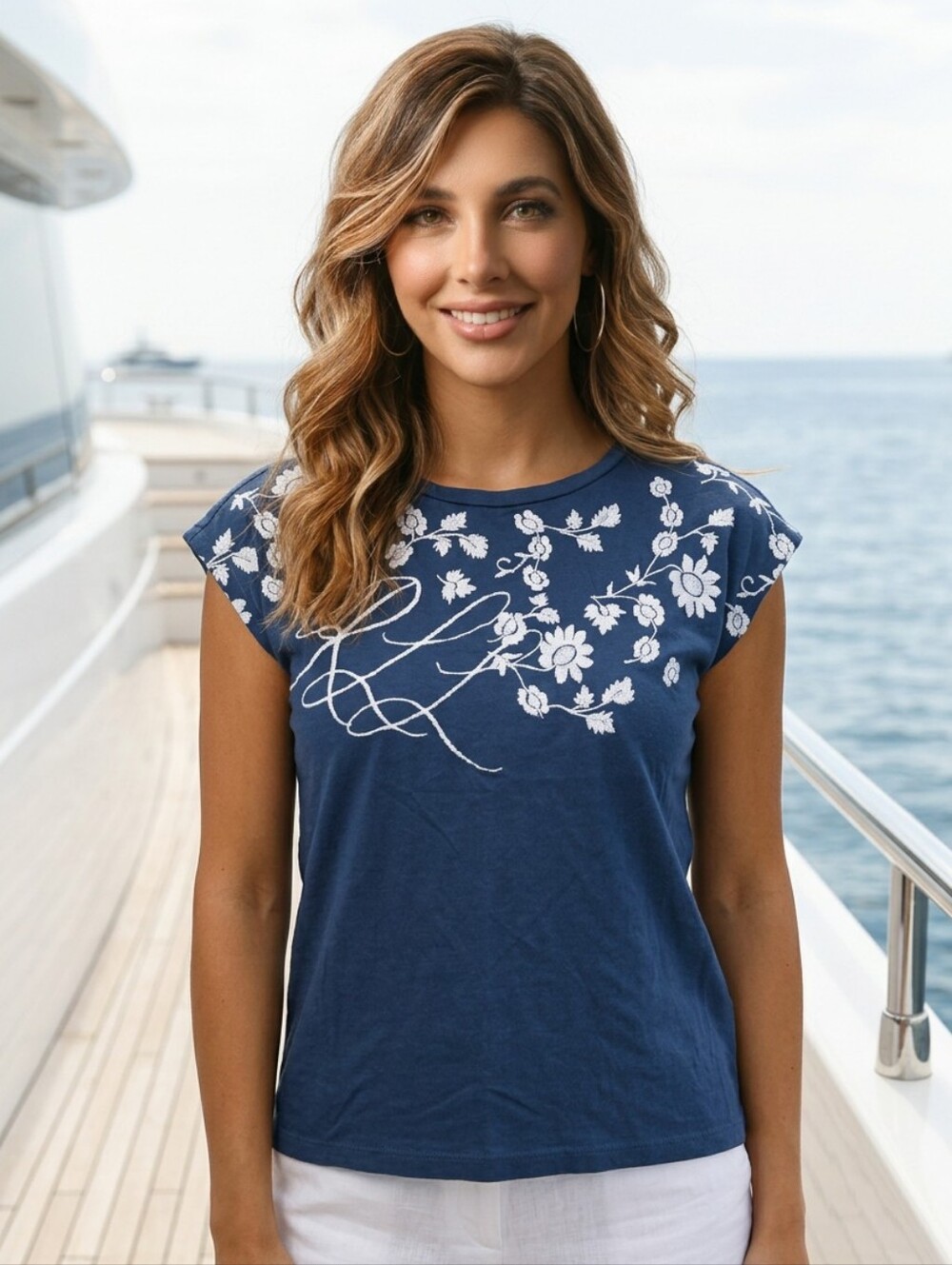 Lauren Ralph Lauren Plus Floral Embroidered Tee PS Blue Cotton Modal LRL Top